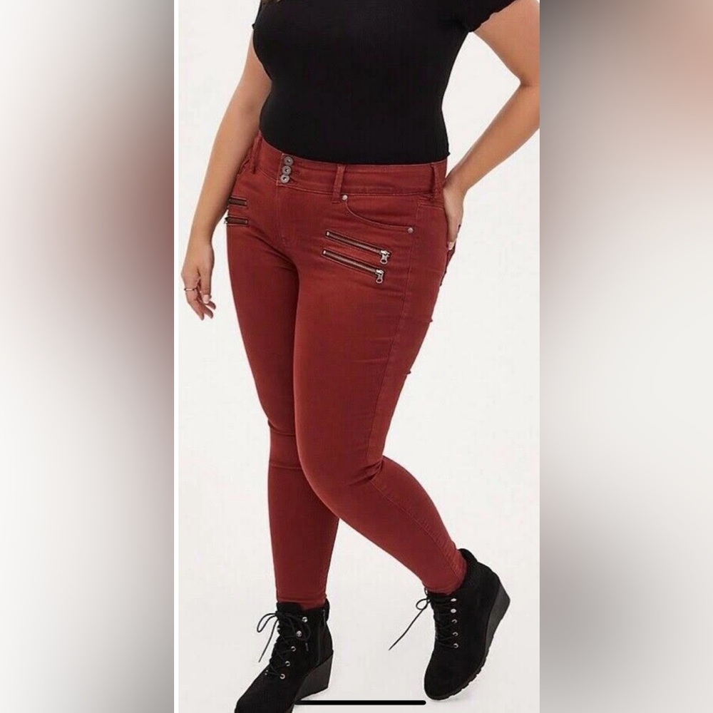 Torrid Soft Brick Red Multi Zip Moto Skinny Jegging Jean Pant 18R NWT